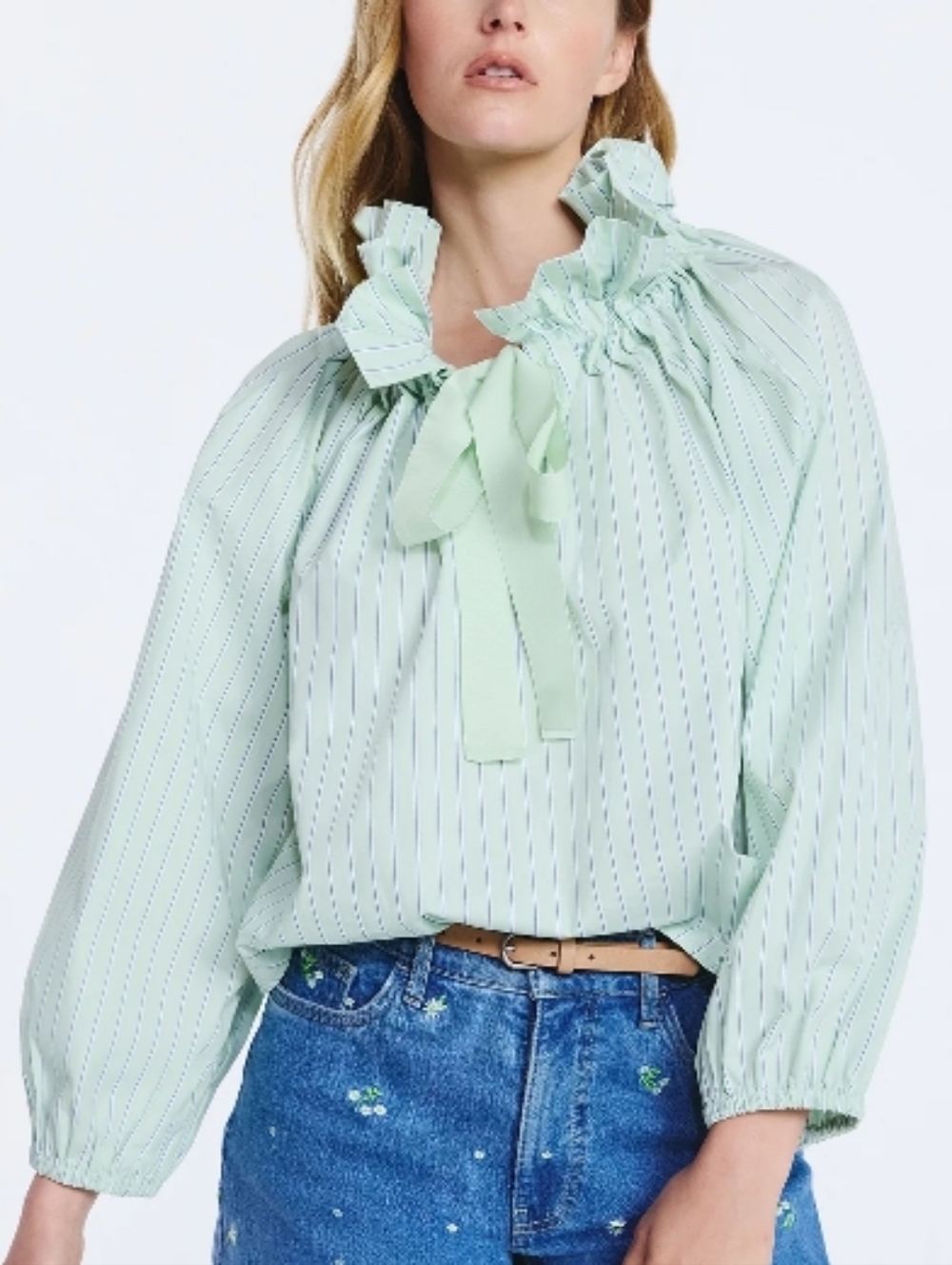 Free Assembly Cotton Green White Stripes Ruffled Tie-Neck Blouse M